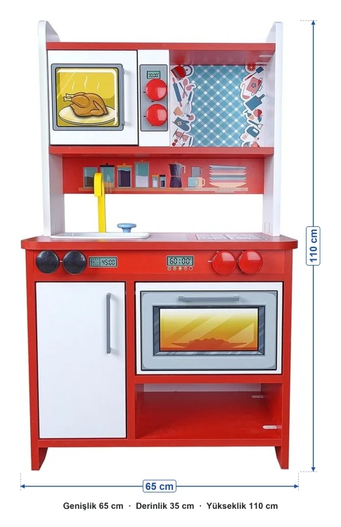 Ahşap kırmızı mutfak ölçüleri: genişlik 65 cm, derinlik 35 cm, yükseklik 110 cm
