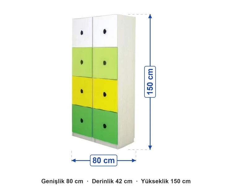 Renkli 8 Kapaklı Kişisel Öğrenci Dolabı 80x42x150 cm ölçüleri: genişlik 80 cm, derinlik 42 cm, yükseklik 150 cm