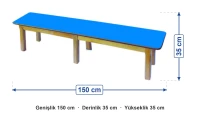Mavi Tablalı Kayın Ayaklı Oturma Bankı 150x35x35 cm ölçüleri: genişlik 150 cm, derinlik 35 cm, yükseklik 35 cm
