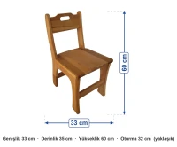 Kayın Masif Sandalye ölçüleri: genişlik 33 cm, derinlik 35 cm, yükseklik 60 cm, oturma 32 cm (yaklaşık)