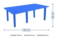 Ahşap 70x140 Mavi Yemek Masası Metal Ayaklı ölçüleri: genişlik 140 cm, derinlik 70 cm, yükseklik 52 cm