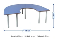Mavi U Masa Metal Ayaklı 180x90x52 cm ölçüleri: genişlik 180 cm, derinlik 90 cm, yükseklik 52 cm