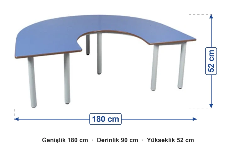 Mavi U Masa Metal Ayaklı 180x90x52 cm ölçüleri: genişlik 180 cm, derinlik 90 cm, yükseklik 52 cm