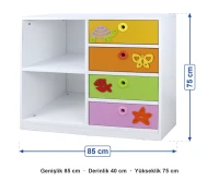 Figürlü 2 Bölmeli 4 Çekmeceli Dolap 85x40x75 cm ölçüleri: genişlik 85 cm, derinlik 40 cm, yükseklik 75 cm