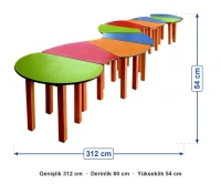 Metal Ayaklı Tırtıl Masa 6 Parça 60x312x54 cm ölçüleri: genişlik 312 cm, derinlik 60 cm, yükseklik 54 cm