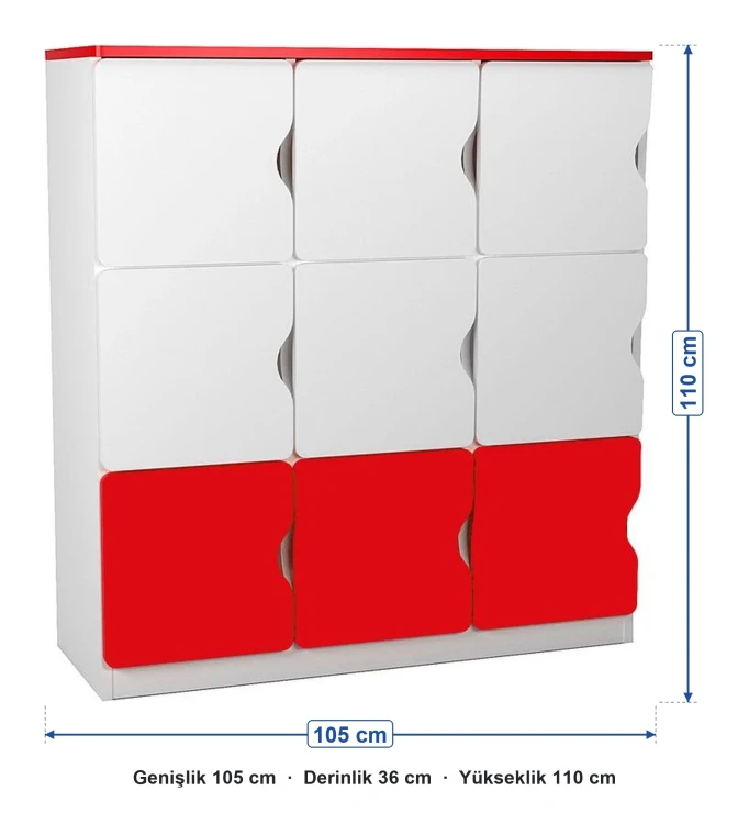 9 Kapaklı Kırmızı Beyaz Öğrenci Dolabı ölçüleri: genişlik 105 cm, derinlik 36 cm, yükseklik 110 cm